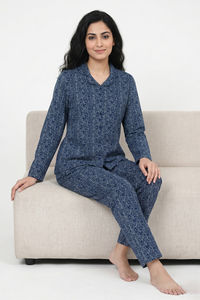 Zivame Farm Lore Knit Cotton Pyjama Set - Blue Depths — thumbnail 5